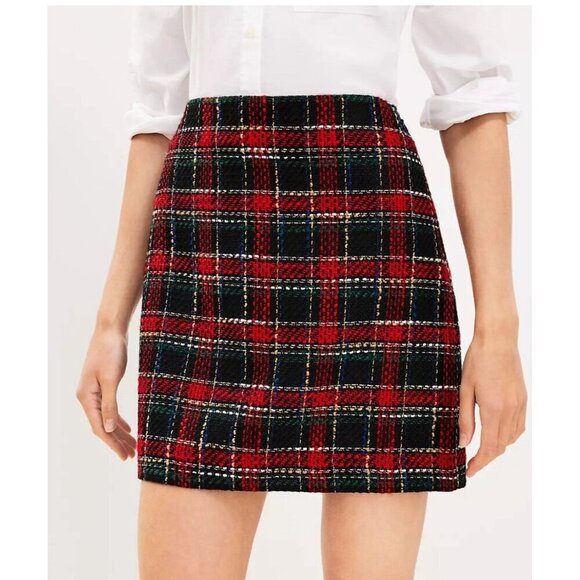 Loft Plaid Textured Tweed Shift Mini Skirt Red Black Size 14 - Picture 1 of 10